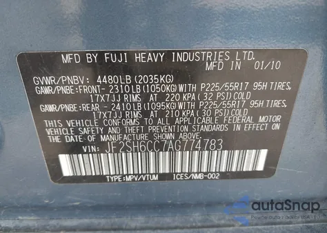 2010 Subaru Forester 2.5X Premium z USA, uszkodzony, nr VIN JF2SH6CC7AG774783